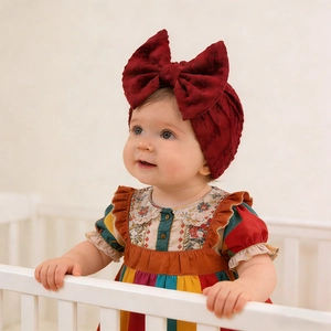 Détail du bandeau pour bébé en tricot rouge foncé avec un grand nœud décoratif