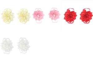 Detail von 4 Paar Baby-Barfuß-Sandalen aus Chiffon-Blumen in Gelb Rosa Rot und Weiß