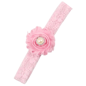 Rosa elastisches Spitzenstirnband für Babys mit Chiffonblume, Perle und Strasssteinen