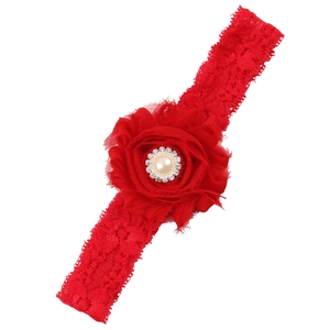 Rotes Spitzen-Baby-Stirnband mit großer Stoffblume, Kunstperle und funkelnden Strasssteinen