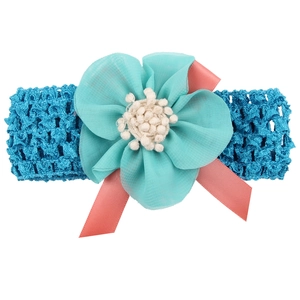 Blaues Chiffon-Blumen-Stirnband für Kinder mit rosa Schleife und Perlendetail
