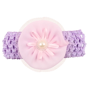 Baby-Stirnband aus lila Spitze mit rosa Chiffonblüte und Perle in der Mitte