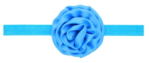 Detail of blue satin rose floral baby headband with wide elastic stretchy fabric band