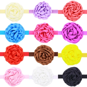 Set of 12 multi-color baby headbands with satin rose flowers for infants and toddlers