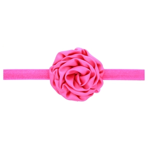 Elegant rose pink satin flower headband for babies and toddlers on elastic fabric strap