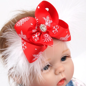 Christmas baby headband with red snowflake bow, sparkling rhinestone and white feathers