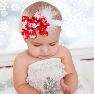 Christmas Baby Headband Red Snowflake Ribbon Bow Rhinestone White Feather Elastic Hairband Kids Festive Hair Accessories