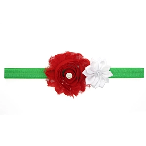 Elastic baby headband featuring a red mesh rose, white satin flower and green band
