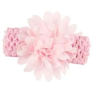Pink knit baby headband with a large layered chiffon flower for infants and toddlers