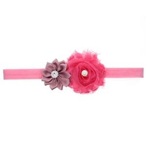 Pink elastic baby headband with handmade chiffon rose flower and pearl rhinestone details