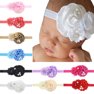 Bandeau Cheveux Bébé Fille Fleurs Fait Main Mousseline Satin Élastique Strass Künstliche Perles Accessoires Nourrisson