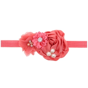 Bandeau bébé rose en satin avec fleurs en tulle, perles et strass pour filles
