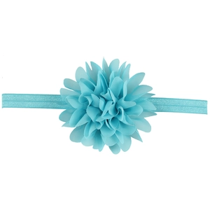 Light blue baby headband featuring a large multilayered chiffon flower on elastic band