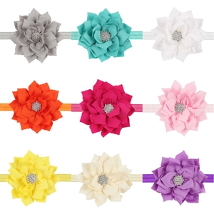 Set of 9 elastic baby headbands with multi-layer fabric flowers and rhinestone centers