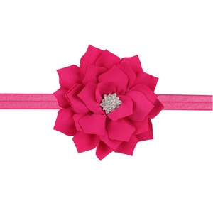 Elastic baby headband with double-layered ruffled rose flower and sparkling rhinestones