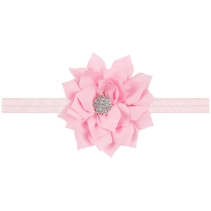 Pink chiffon double-layer ruffle baby headband with rhinestone center and elastic strap