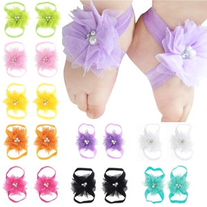 Baby Barefoot Sandals Chiffon Mesh Flower Foot Band For Toddler Girls Artificial Pearl Rhinestone Newborn Photography Props Gift