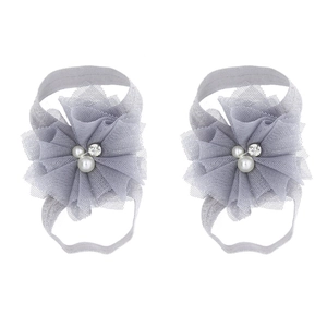 Grey chiffon flower barefoot sandals with lace and pearls for newborn baby girls