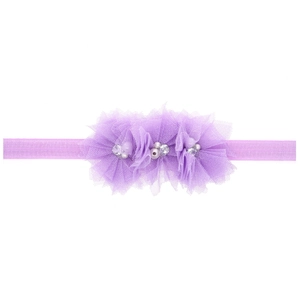Bandeau élastique lavande pour bébé avec trois fleurs en tulle, perles et strass