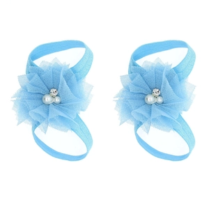 Light blue chiffon flower barefoot sandals for babies with lace and pearls