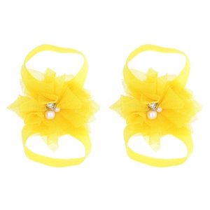 Yellow chiffon lace flower barefoot sandals for infants with pearl and rhinestone accents