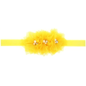 Bandeau bébé jaune vif avec fleurs en tulle, perles d'imitation et strass brillants