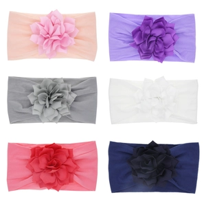 Set of 6 colorful elastic baby headbands with large multilayered chiffon flowers