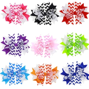 Set of 9 colorful layered grosgrain ribbon bow hair clips with wave patterns for girls