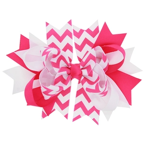 Pink and white layered grosgrain ribbon bow hair clip with herringbone wavy print