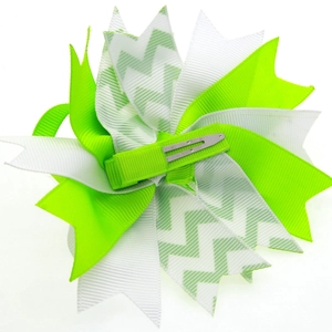 Neon green and chevron pattern ribbon bow hair clip with silver alligator metal grip
