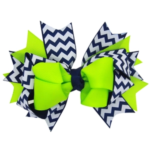 Handmade multi-layered wavy bow hair clip with navy and neon green contrast ribbons