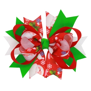 Christmas multilayer ribbon bow hair clip with Santa and snowflake patterns for kids