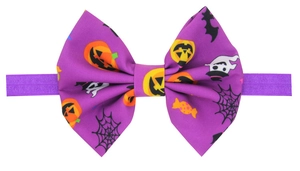 Détails du bandeau nœud Halloween avec motifs citrouille et fantôme sur ruban élastique violet