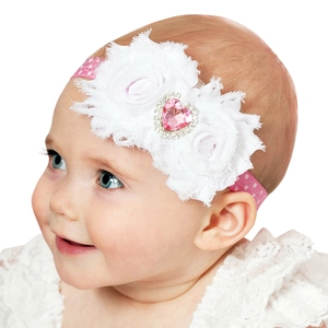 Bandeau Bébé Fille Doux Fleur en Mousseline Cœur en Strass Bandeau Élastique en Dentelle pour Saint-Valentin Mariage