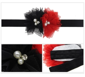 Détail du bandeau en dentelle pour bébé avec fleurs en résille rouge et strass brillants