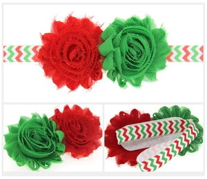 Détails de fleurs en mousseline de Noël sur bandeau élastique en zigzag rouge et vert