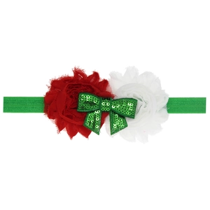 Christmas baby headband with red and white chiffon flowers and green sequin bow