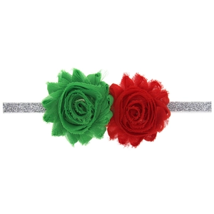Bandeau de Noël pour bébé avec ruban argenté scintillant et fleurs en tissu rouge et vert