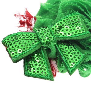 Green sequined bow headband for babies featuring chiffon ruffle flower details