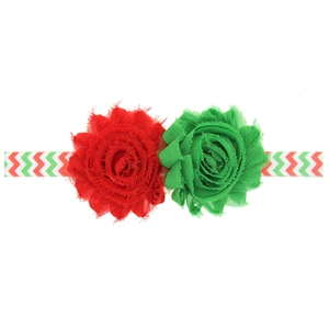 Bandeau de Noël pour bébé avec grandes fleurs en tissu effiloché rouge vert et sangle chevron