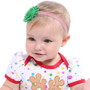 Elastisches Baby-Stirnband mit grüner Chiffon-Blume und rot-weißem Wellenmuster-Band