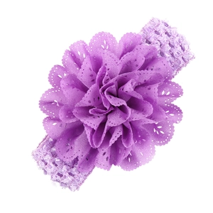 Purple hollow-out lace baby headband featuring large mesh flower with elastic stretchy band