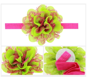Detailed views of baby mesh headband featuring pink and green floral lace and elastic band