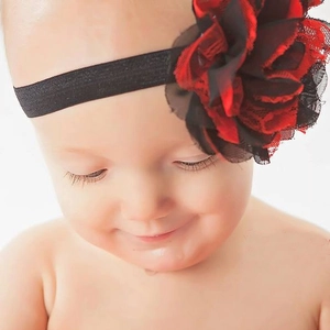 Baby girl elastic mesh headband with large red and black layered chiffon flower