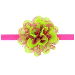 Elastic baby headband with dual-layer neon green chiffon flower and fuchsia lace accents