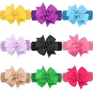 Baby Girls Wide Grosgrain Ribbon Bow Elastic Crochet Headband Infant Toddler Handmade Solid Color Hair Accessories