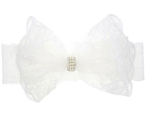 Détail du bandeau en dentelle blanche pour bébé avec broderies, perles et strass