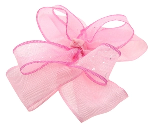 Detailed view of pink multi-layered tulle hair bow with silver glitter and reinforced edges