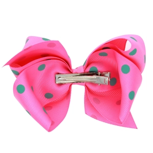 Barrette nœud rose à pois verts avec pince croco en métal argenté pour les cheveux
