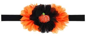 Fascia Halloween neonato con zucca di strass arancione e petali in rete nera lucida